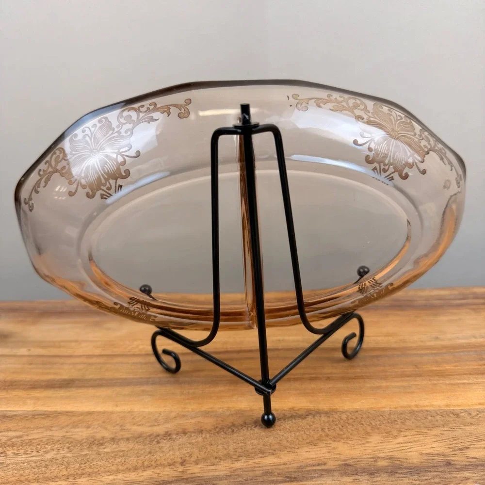 Pink Depression Divided Relish Dish Sterling Silver Overlay Floral 8.75in